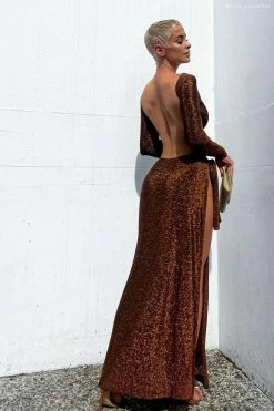 ROM DRESSES Christina Backless Maxi Wrap Dress - Chocolate Shimmer