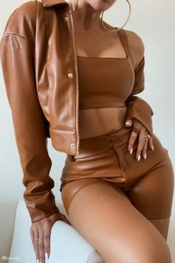 LCH Two Piece Sets Ramona Faux Leather Cropped Jacket - Desert