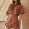 QNG All Tops Maja Button Up Cropped Linen Shirt - Brown
