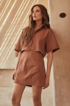 QNG All Tops Maja Button Up Cropped Linen Shirt - Brown