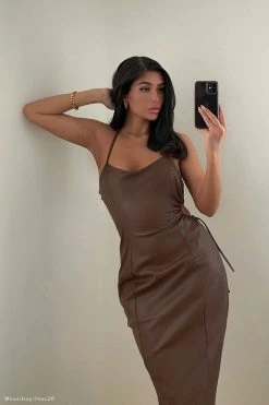 LCH Siobhan Cut Out Faux Leather Midi Dress - Chocolate DRESSES