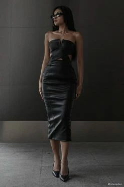 LCH Sia Faux Leather Cut Out Midi Dress - Black DRESSES