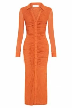 ROM Jenny Mesh Ruched Maxi Dress - Burnt Orange